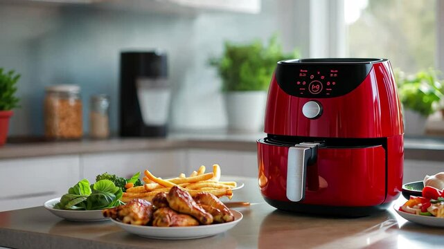 Cooking delicious chicken and vegetables in a red air fryer on a kitchen counter, Red air fryer on kitchen counter, plates of chicken wings, fries, vegetables, bright setting