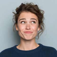 A headshot of a beautiful woman making a funny face, looking up with a quirky smile. A concept for expressing a wide range of emotions like hope or guilt