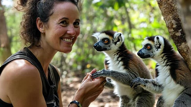 Tourist woman in Madagascar interacts with two playful black and white lemurs while feeding them, Tourist woman in Madagascar feeds two black and white ruffed lemurs