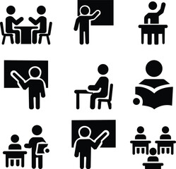 Teaching classroom icon set, Students who learn and grow on their own with various subjects. Education content vector, Teachers, Professors, , education, books, instruct, knowledge and pedagogy icons