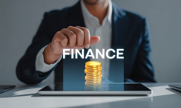 Business man tapping finance icon with coin stack on tablet