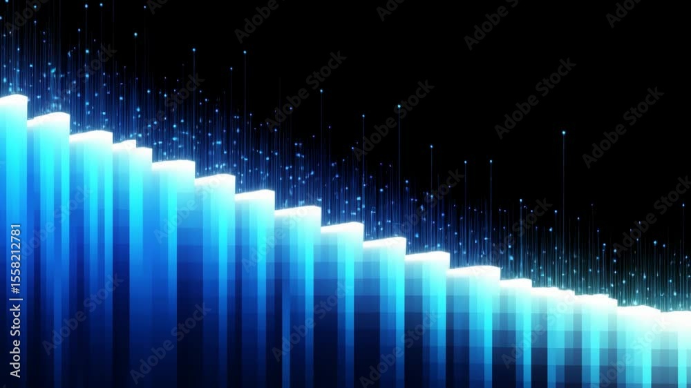 Canvas Prints futuristic video concept with a low-angle view of glowing blue pixelated columns rising against a da