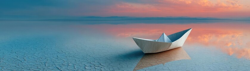 Obraz premium Stress free life through grief, hope and inner peace concept. A serene boat on calm waters during a vibrant sunset.