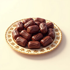3D Web Icon Illustration of a plate of sweet dark brown dates neatly arranged for iftar, placed gently on a white background