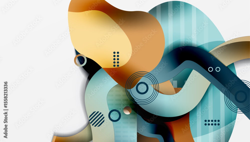 Aufkleber Abstract fluid shapes overlap, creating dynamic composition. Colors include blue, orange, beige. Circles, lines add visual interest.