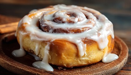 a large cinnamon roll with white icing on a plate