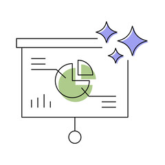 AI Presentation Maker Vector Icon. Presentation Board with Pie Chart. Automated Slide Creation, Digital Presentations, Smart Content Design, AI-Powered Presentation Tools, Presentation Automation.