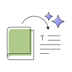 AI Summarizer icon. Open Book with Text and Arrows. Automated Text Summarization, Content Reduction, AI-Powered Writing Tools, Efficient Writing Solutions, Smart Content Tools.