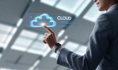 businessman interacting with virtual cloud technology