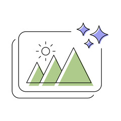 AI Generated Image Vector Icon. Mountain Landscape with Sun. Automated Image Creation, AI-Powered Visual Tools, Digital Art Generation, Creative Visual Solutions.