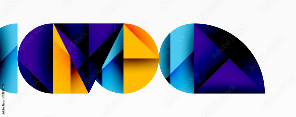 Poster abstract geometric shapes form colorful letterforms. vivid blues, purples, yellows create dynamic vi