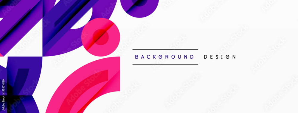 Poster Abstract geometric shapes, vibrant pinks, purples dominate white space. Modern design elements create dynamic visual texture.