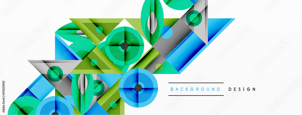 Poster abstract geometric shapes, vibrant colors, modern design. blue, green gradients create dynamic visua