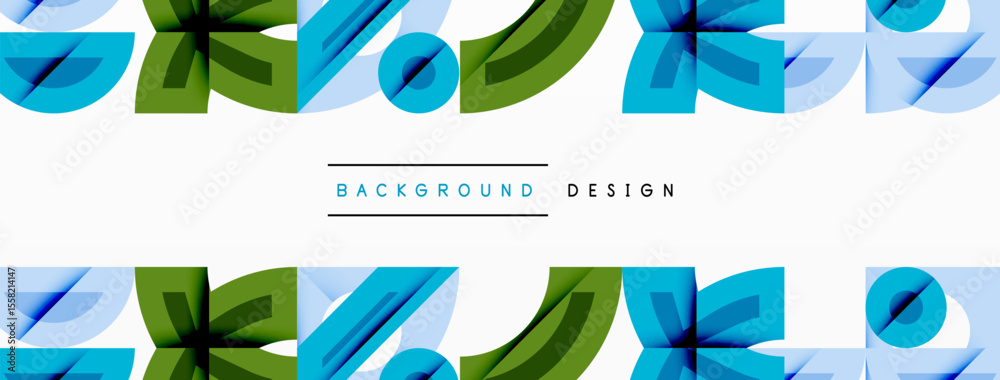 Poster abstract geometric shapes repeat. blue, green hues dominate design. clean lines create modern visual