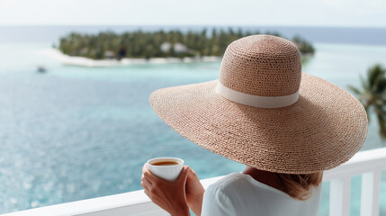Woman with straw hat enjoying coffee on tropical island balcony. Summer travel and peaceful solo vacation with ocean view and blue sea horizon. Relaxation and wanderlust moment.