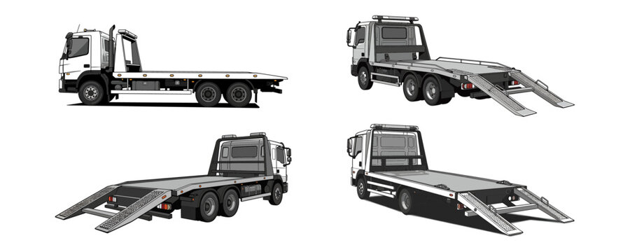 Flatbed Tow Truck (Car Carrier) Illustration Set - Multiple Views