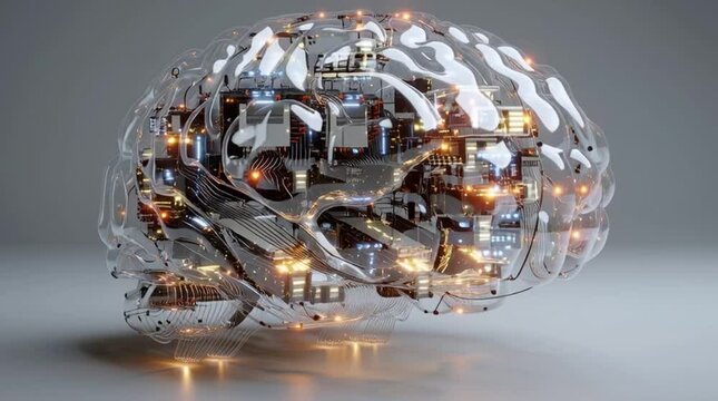 futuristic artificial intelligence brain design, glowing circuit-powered artificial intelligence brain model, transparent structure of artificial intelligence brain