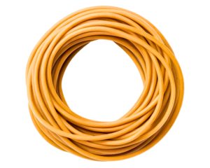 Coil of flexible yellow rubber tubing for industrial use on a transparent background