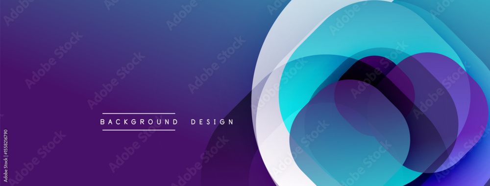 Poster Abstract purple, turquoise layers create dynamic background. Modern design features overlapping circles, gradients. Minimalist text present.