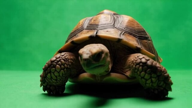 Frontal view of a tortoise with a brown shell on a green background looking at the camera green screen animal video