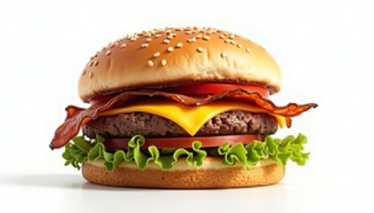 Delicious Classic Cheeseburger with Crispy Bacon, Fresh Lettuce, and Sesame Seed Bun Isolated on White Background