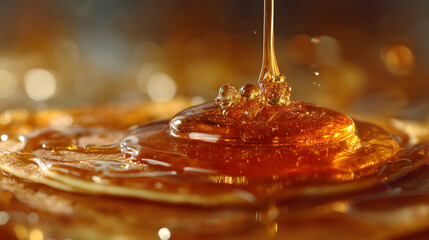 Golden Syrup Pour:  Thick, golden syrup pours onto a stack of pancakes, creating a glistening, delicious moment.