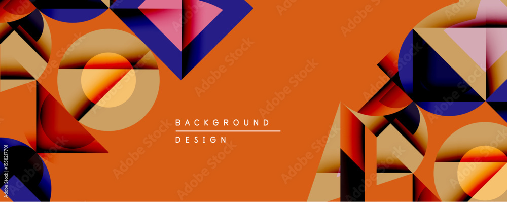 Aufkleber Abstract geometric composition. Overlapping shapes create dynamic visual interest. Warm orange background contrasts with cool blue, pink, gold tones. Modern design element.