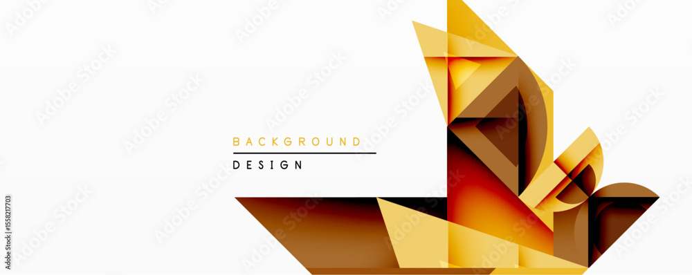 Poster Abstract geometric design features overlapping polygonal shapes. Warm color palette includes shades of gold, brown, orange. Minimalist composition suitable for backgrounds, presentations.