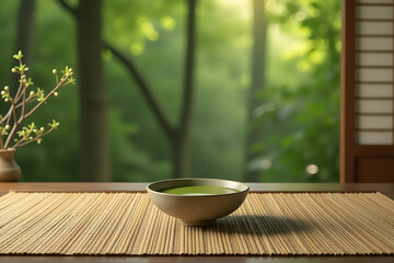 Bowl of Green Tea on Bamboo Mat in Gentle Window Light

