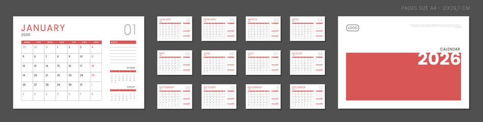 2026 Calendar Planner Set of Template Monthly Page and cover with Place for Photo, Company Logo. Vector layout of a wall or desk calendar with week start Monday for print. Page for size A4 -21x29.7cm