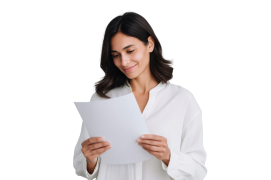 Smiling woman in white shirt happily reads a document. Professional and elegant, she embodies success in business. Isolated on white, perfect for HR and recruitment themes