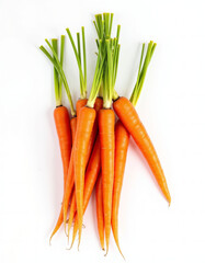 Fresh Bunch of Orange Carrots with Green Tops Isolated on White Background, Healthy Root Vegetable Close-Up