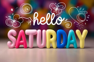 Hello Saturday text displayed on vibrant balloons, surrounded by charming doodles for a cheerful look