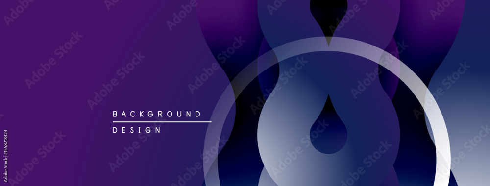 Poster Abstract purple design features overlapping circles, gradients, droplet shapes. Modern background suitable for digital projects.