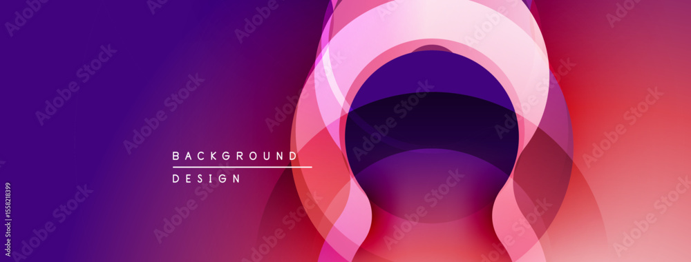 Poster Abstract gradient layers create dynamic visual effect. Purple, pink, red hues blend smoothly, forming circular shapes. Modern design element.