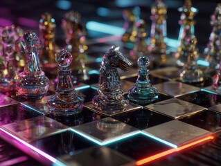 Close-up view of a floating, futuristic holographic chessboard with unique cybernetic pieces illuminated by neon lights against an abstract digital backdrop, symbolizing artificial inte - AI-Generated