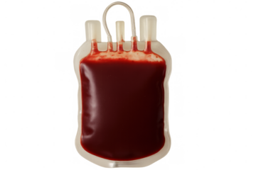 Plastic blood bag filled with red blood cells, isolated on transparent background, ready for transfusion in hospital
