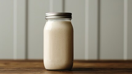 Creamy beverage in a glass jar on a wooden table with simple background