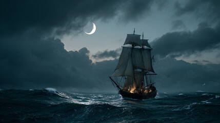 Obraz premium Ancient sailing ship sailing on the sea under the moon at night
