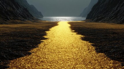 Bullion trading through portfolio and trend forecast concept. Golden river flows through mountains, creating a stunning view.