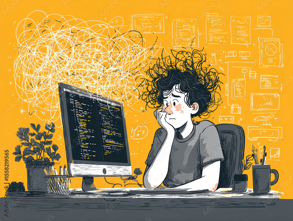 Fototapete a disheveled man is seated at a cluttered office desk, staring intently at a computer screen display