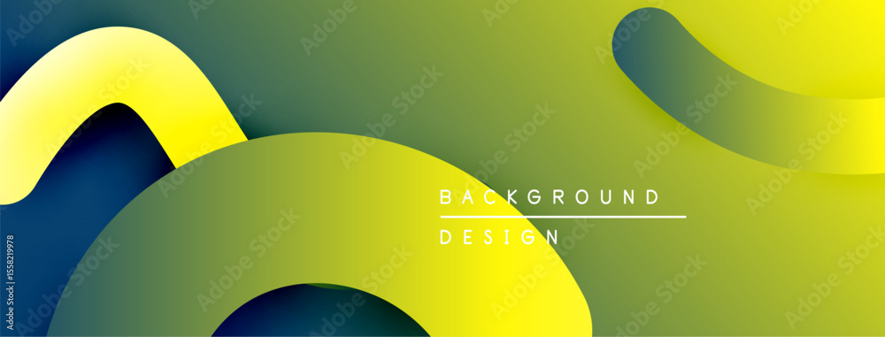 Poster Abstract fluid shapes overlap, creating dynamic yellow, green, navy composition. Modern design element for backgrounds.