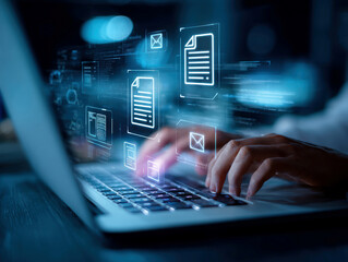Close-up view of a person typing on a laptop keyboard, with floating digital icons representing documents in an overlay effect Muted blue and gray background Conveys technological inn - AI-Generated