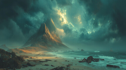 Dramatic coastal landscape with mountains on the beach under a stormy sky