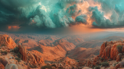 Dramatic landscape of desert hills under a surreal and colorful cloudy sky