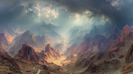 Epic fantasy landscape of a vast desert canyon with dramatic god rays