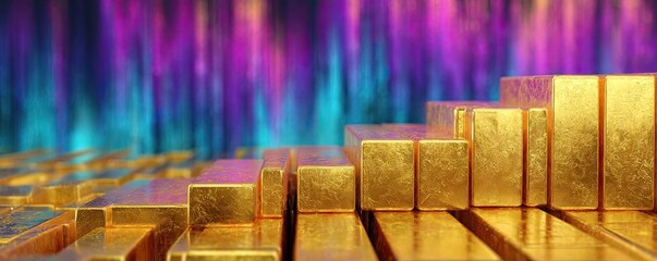 Bullion trading through portfolio and trend forecast concept. Shiny gold bars stacked against a vibrant colorful background.
