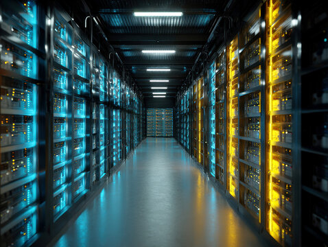 Photo of a battery storage system in a data center, rows of blue and yellow glowing batteries on metal shelves, high-tech environment - AI-Generated