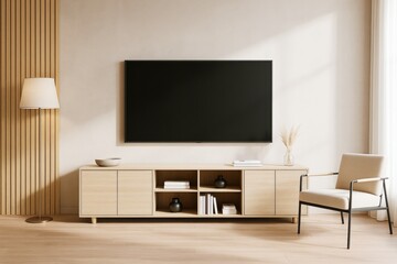 Minimalist contemporary living room with wooden furniture, flat screen TV, and neutral tones in soft natural light on wooden floor background.