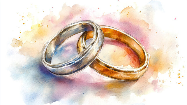 Watercolor illustration of wedding rings on a colorful background.
